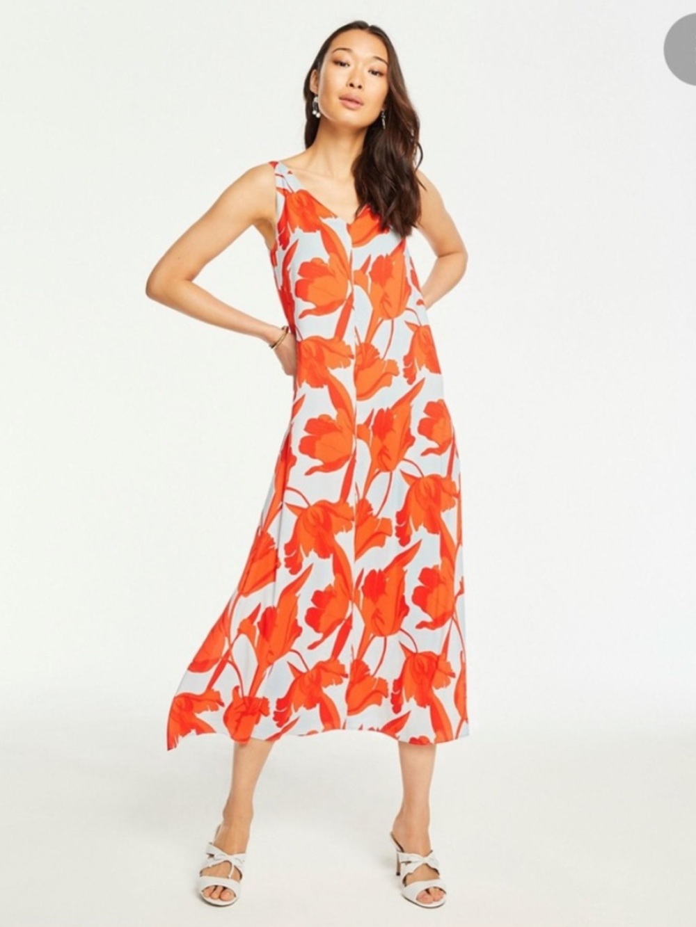 Ann Taylor Tulip Orange Red Floral V-Neck Maxi Dress